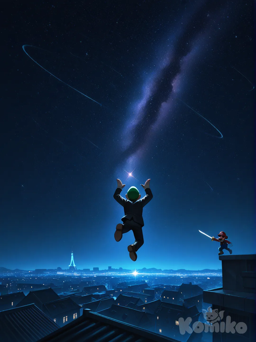 @Mario, @Luigi, high five, suit, charcoal black, holding sword, holding gun, jumping from rooftop, cosmic background, neon lights, night