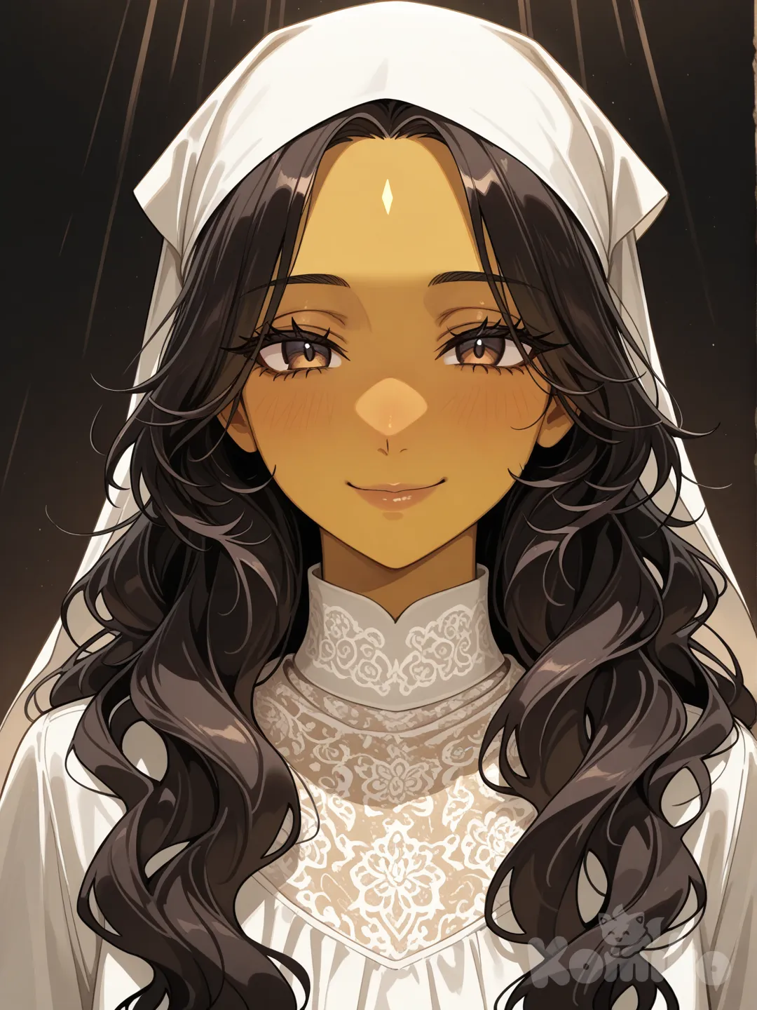 She moved with a natural grace that seemed to carry the rhythm of ancient deserts and modern cities alike. Her eyes, the deep shade of rich coffee or twilight, held stories and a keen intelligence. Framed by long, dark lashes, their gaze was both warm and penetrating. Her hair, like a cascade of dark silk, flowed in waves that caught the light, sometimes partially covered by a stylish keffiyeh or scarf that added an air of elegant mystery.Her features were striking – high cheekbones, a strong nose, and full lips that easily curved into a generous smile. The light danced on her golden-olive skin, reminiscent of sun-kissed dunes. She wore a modern, tailored abaya in a deep charcoal grey over fitted trousers, the fabric moving fluidly with her. It was an ensemble that spoke of confidence and contemporary style while honoring heritage.What was most captivating was not any single feature, but the aura she carried: one of quiet strength, self-assuredness, and a vibrant spirit that shone through. She was like a modern Scheherazade – not a mystery to be unraveled by others, but the author of her own compelling story.