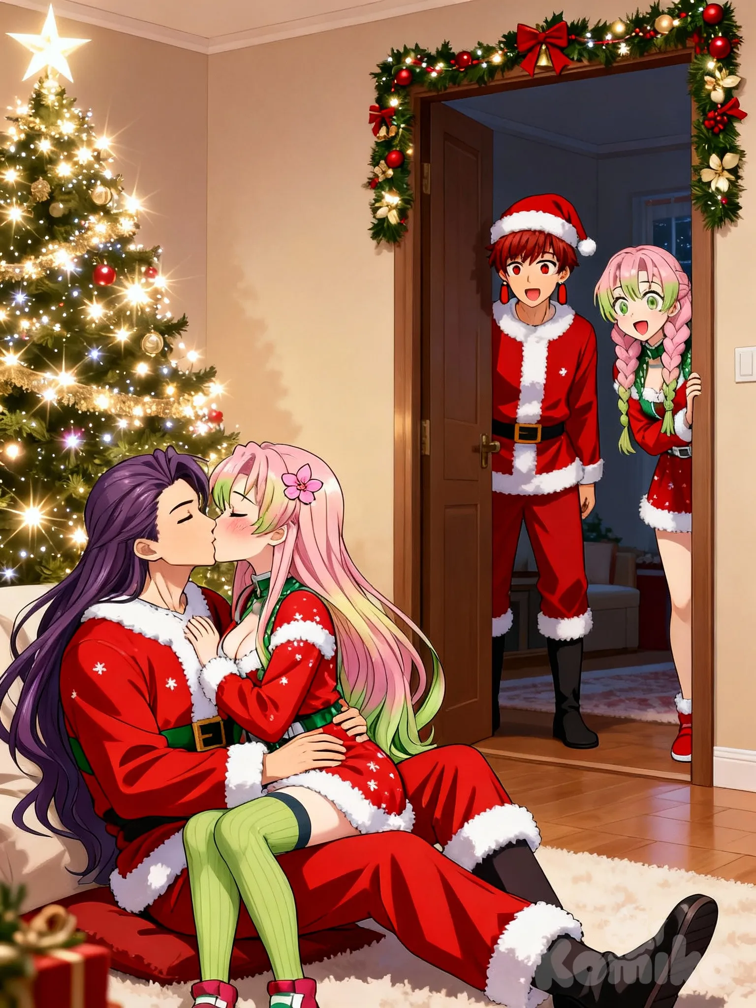 Luna and Jinshi kiss while their alone after getting close to each other. Mitsuri and Tanjiro spy on them.