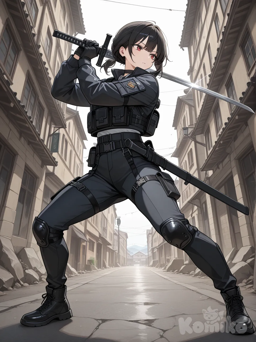 panoramic lens, cowboy shot, full body, holding sword, holding gun, looking back