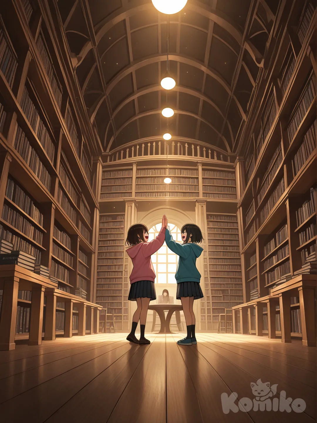2girls, high five, smile, laughing, hoodie, pleated skirt, wide shot, cinematic lighting, library