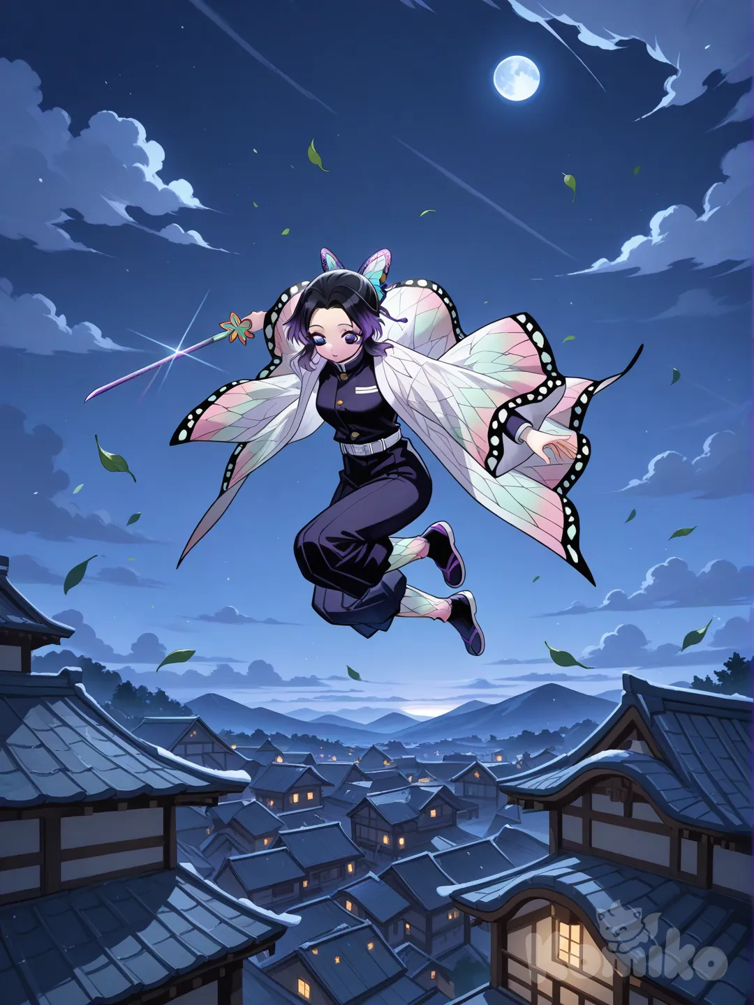 Kochou_Shinobu, holding sword, jumping from rooftop, full body, village, leaves falling, snowy, cloud, night, moon