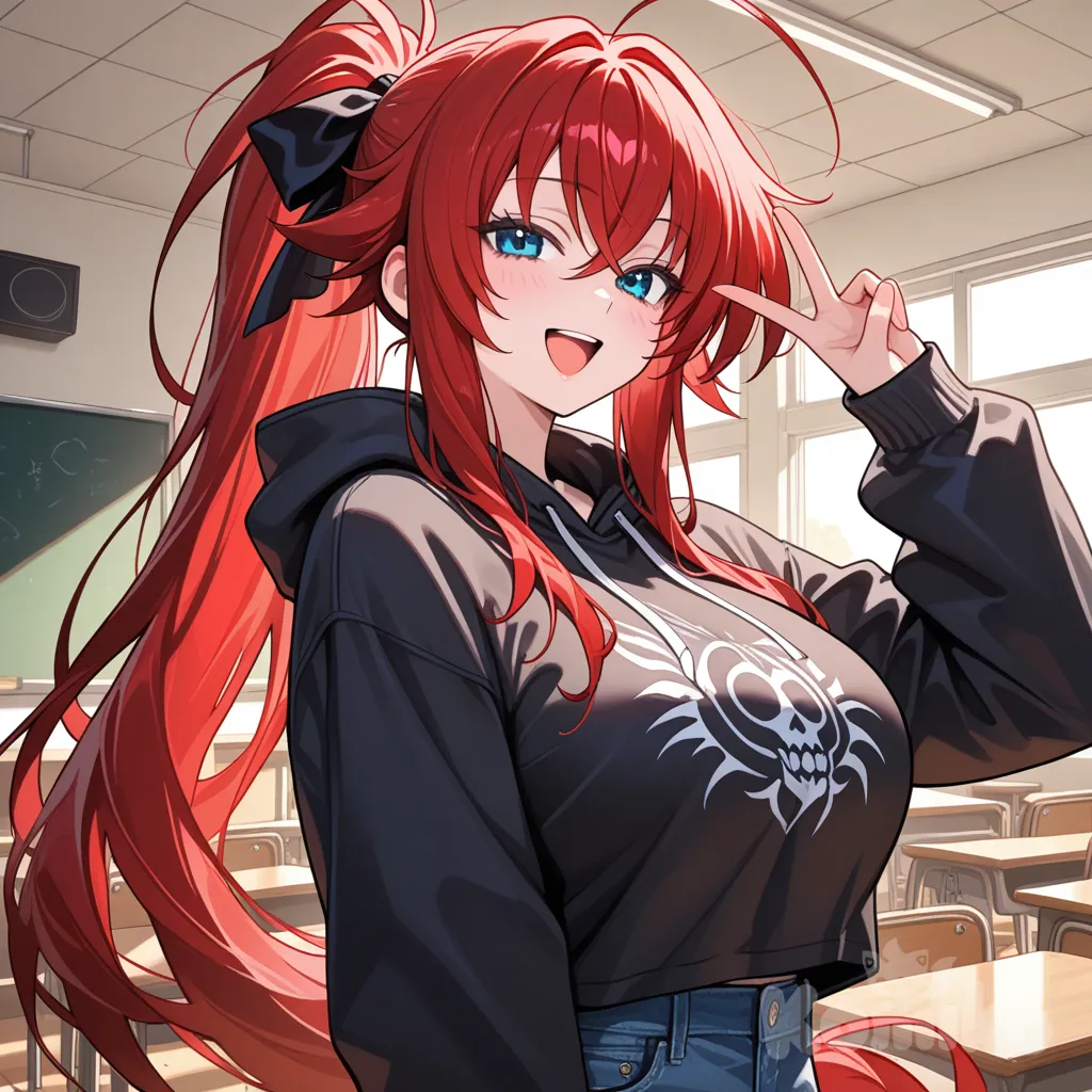 "hyperdetailed full-body portrait of Rías Gremory. Hellish backdrop, dramatic lighting, intricate details, digital painting, octane render, 8k."
, v sign, laughing, hoodie, jeans, closeup, front profile photo, gradient background, classroom
