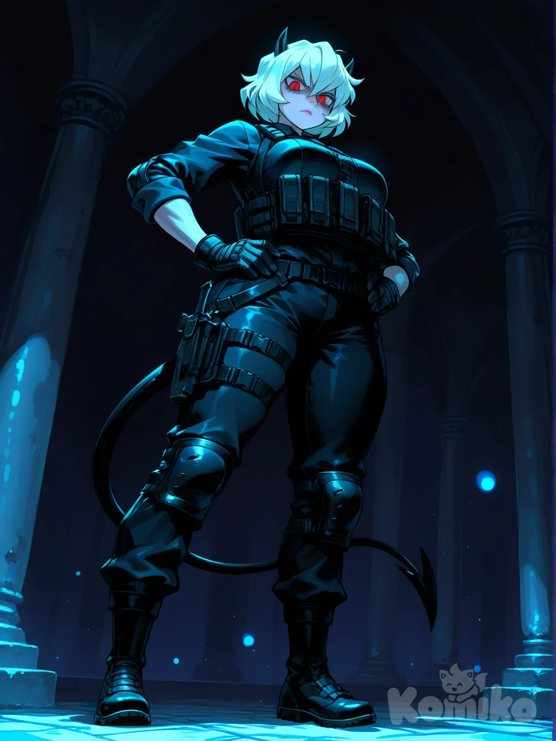 Vista frontal de tres cuartos, estilo sensual, detalles intrincados, calidad 8K, (Alto detalle: 1.3).

Ultra-1girl, @Malina_(Helltaker) - Figura femenina madura y voluptuosa (silueta exagerada de reloj de arena: caderas muy anchas, cintura estrecha, busto prominente), distribución suave de la grasa corporal sobre musculatura tonificada, glúteos prominentes y redondeados, muslos gruesos, piel pálida e impecable.

Rasgos faciales definidos y elegantes, piel pálida, ojos de color carmesí intenso, pupilas verticales, cabello corto y blanco, labios carnosos de color rosa pálido.

Cuernos negros, cola negra, delgada y flexible con punta triangular afilada.

Malina de Helltaker de cuerpo entero, en pose segura, de pie, mirando al espectador, espalda ligeramente arqueada, elegante, fondo de palacio siniestro, detalles intrincados, iluminación dramática. pintura digital,), enfoque nítido, detalles intrincados, alto contraste, resolución de 8k.

 ( Malina luce un atuendo de estilo mercenaria: Chaleco táctico abierto sobre un top ajustado, Pantalones cargo con rodilleras y correas, Botas de combate, Brazales metálicos o guantes tácticos y un cuchillo o funda de arma en el muslo, municiones en el cinturón, también gafas de visión nocturna en la frente).

desde abajo, profundidad de campo, ceño fruncido, lente panorámica, plano amplio, primer plano, mirando al espectador, fondo borroso, foto de perfil frontal, [sensual-glossy-style]