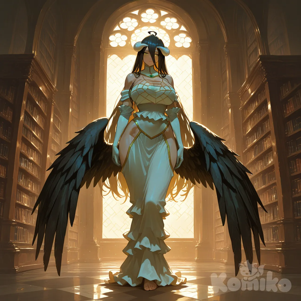albedo (overlord), ella es una mujer con un cuerpo físico atlético y voluptuoso, caderas muy anchas, cintura estrecha, pechos pesados, muslos gruesos y definidos, postura segura y sensual.

 , [sensual-glossy-style], library, ambient light, full body, looking at viewer, wide shot