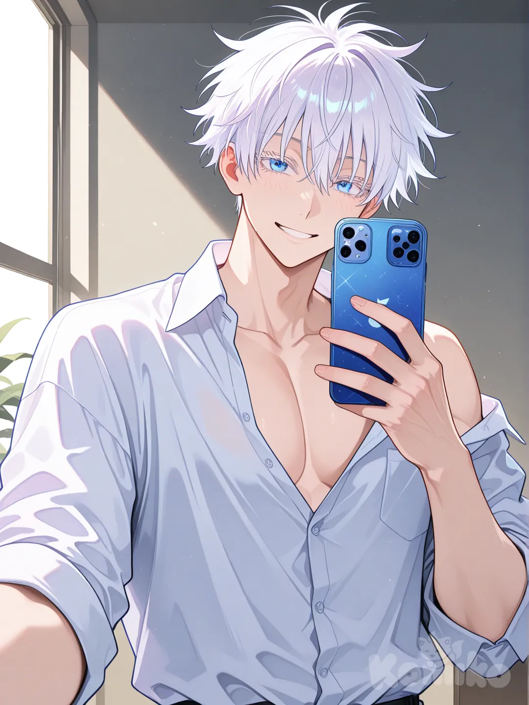 Gojou Satoru, messy hair, no eyewear, button shirt, selfie