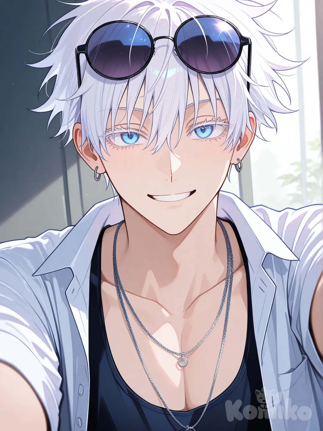 Gojou Satoru, messy hair, no eyewear, button shirt, selfie, round sunglasses, necklace, earrings, tank top