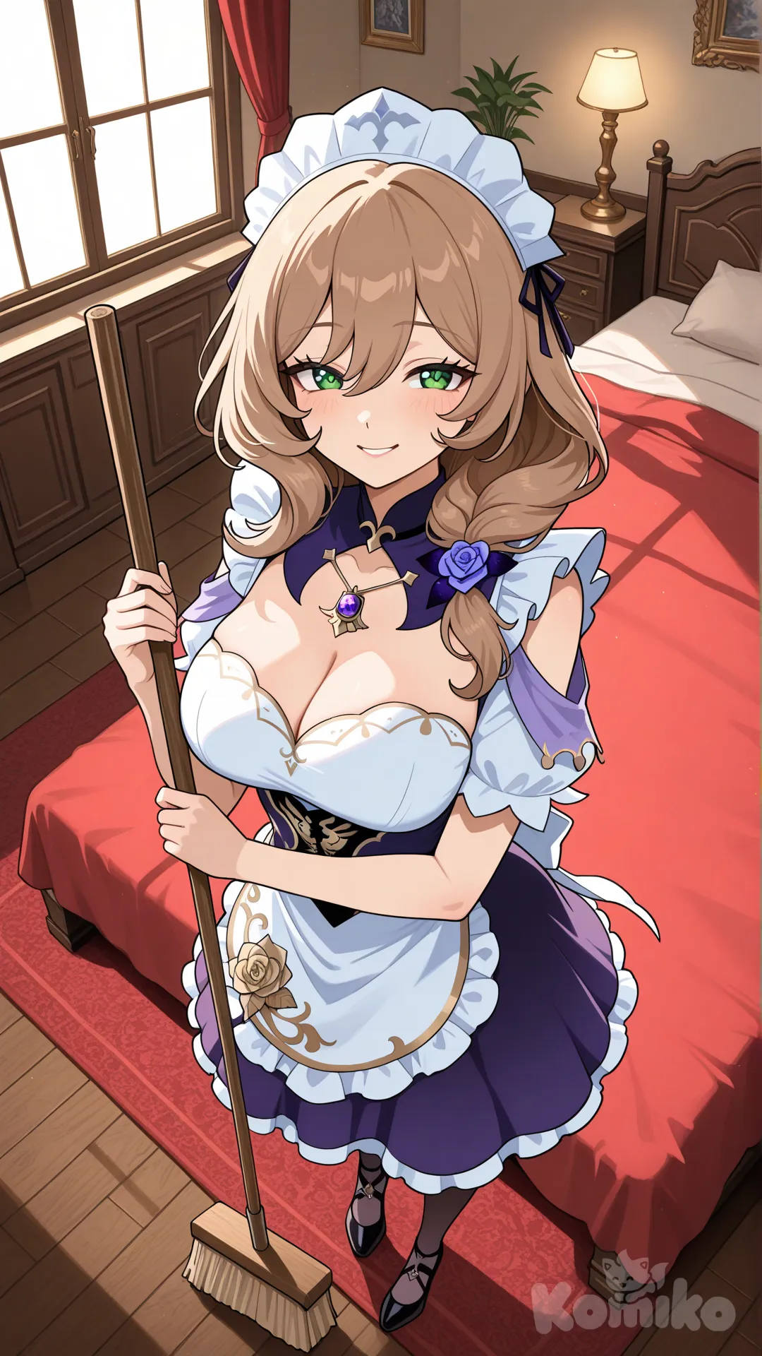 @Lisa_(Genshin_Impact) (big cool sister) 

#big sister style ,

#front view 

#full body#, up view , #full body ,from above , day , funny , relaxed, anime style , 

#cool post

,dark violet maid uniform

# private bed room in mansion,It's a bedroom for two, featuring only a red bed and a soft, red interior, creating a relaxing and sensual atmosphere and hot. , Decorated with wooden furniture in a gold theme, sunlight streaming through the windows creates a warm atmosphere.

relax , sunnyday , in the bedroom , Clean, sweep the floor, with a cheerful demeanor.