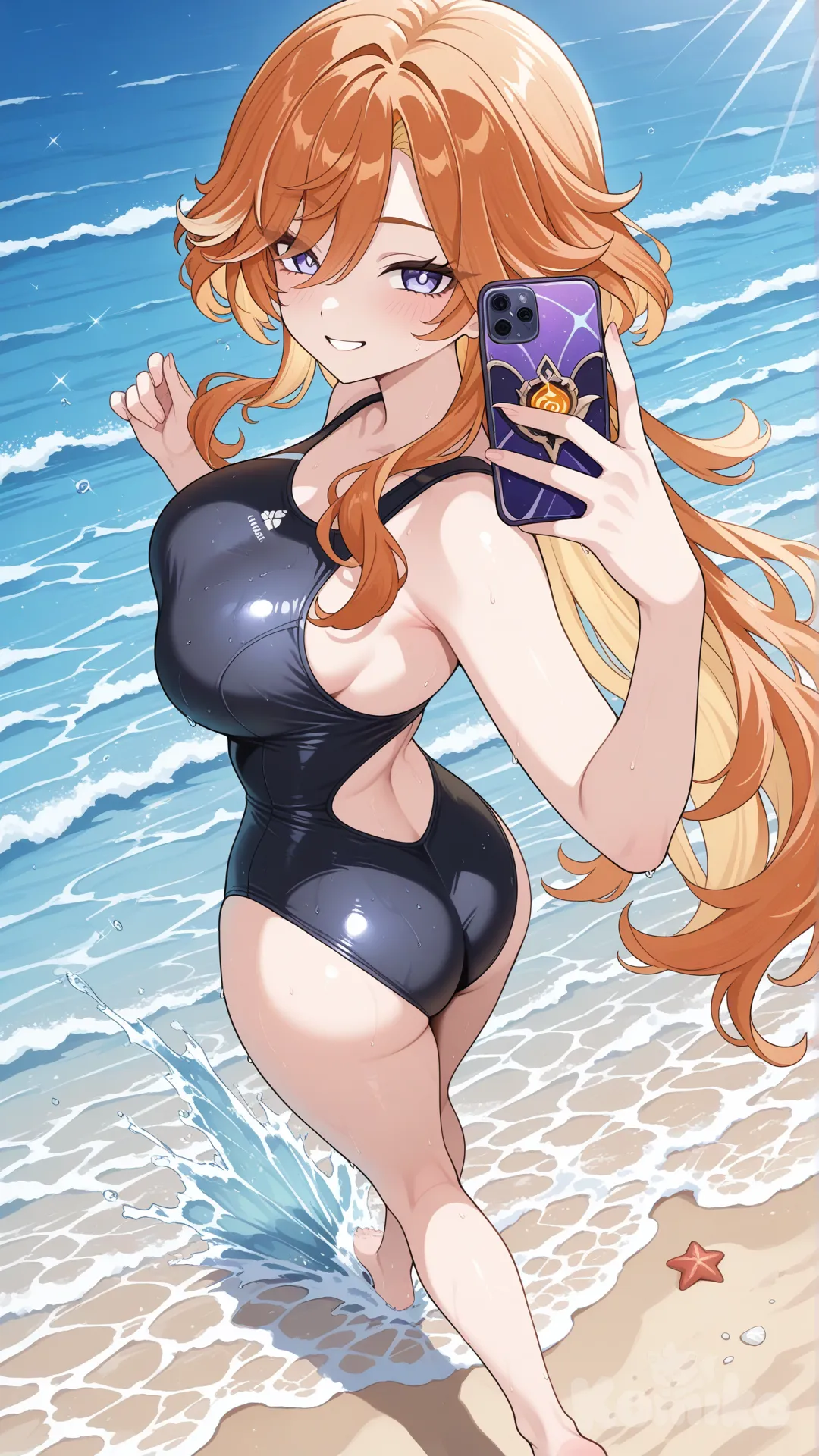 @mavuika_(Genshin_Impact)
#big sister style , good figure ,
#side view
# upper body (Focus on the upper body, from the waist up.)
#looking at viewer #full body#, up view , #full body ,from above , day , funny , relaxed, anime style ,
#cool post
#selfie post
, black swimming suite onepiece
relax , Taking a stroll, play water on a beach , splash , in a sunnyday , in the beach , It has a view of the sea and beach as a backdrop