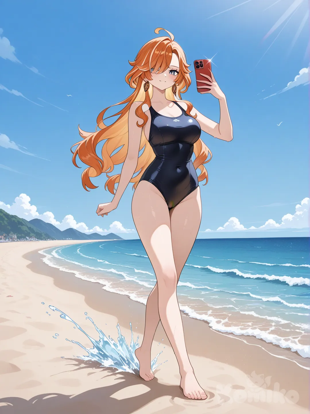 @mavuika_(Genshin_Impact)

#big sister style , good figure , 

#up front view 

 # upper body (Focus on the upper body, from the waist up.)

#looking at viewer #full body#, up view , #full body ,from above , day , funny , relaxed, anime style , 

#cool post

#selfie post

, black swimming suite onepiece

relax , Taking a stroll, play water on a beach , splash , in a sunnyday , in the beach , It has a view of the sea and beach as a backdrop