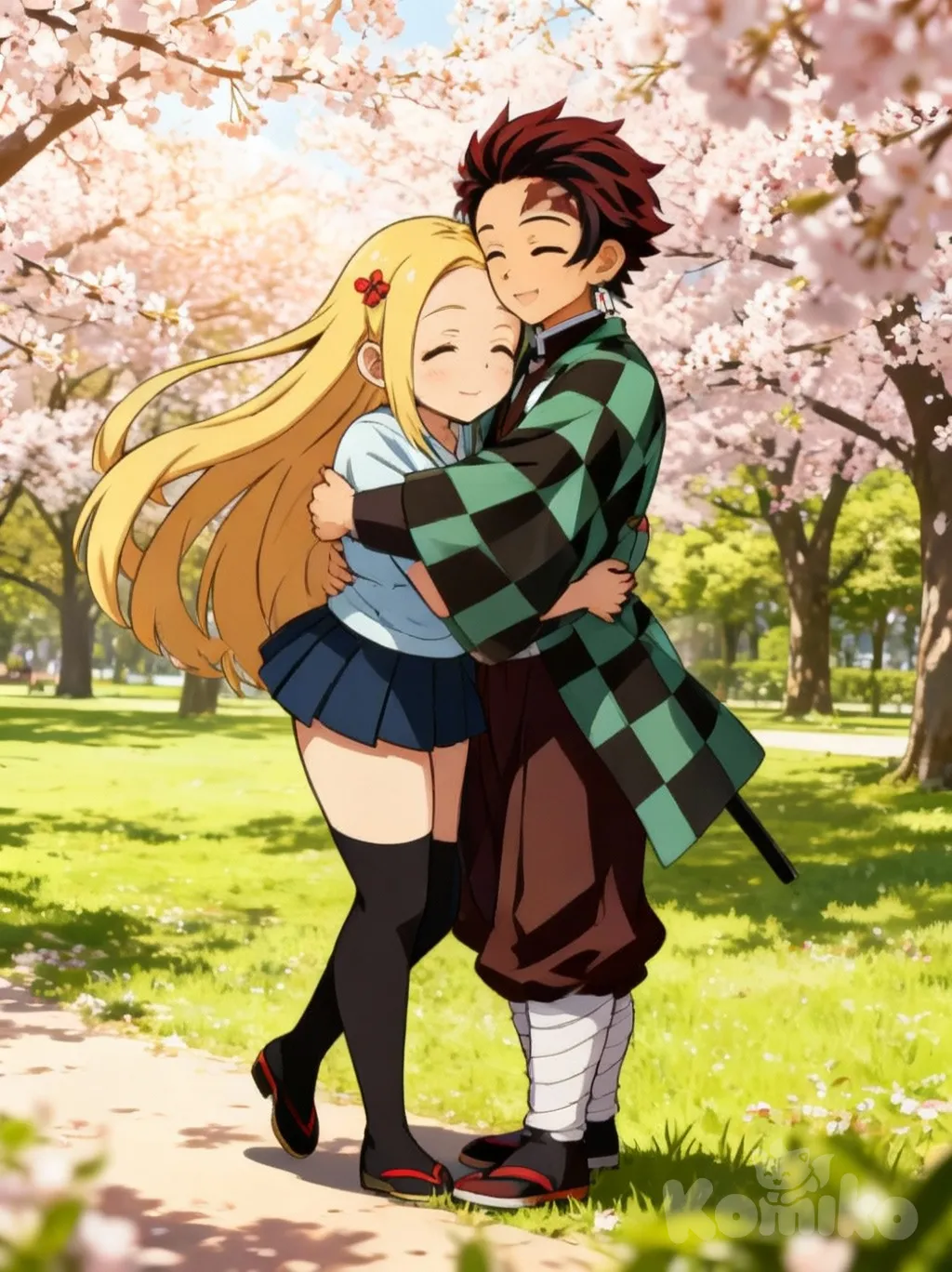 1boy, 1girl, Tokitou Muichirou, kawaii, hugging, park