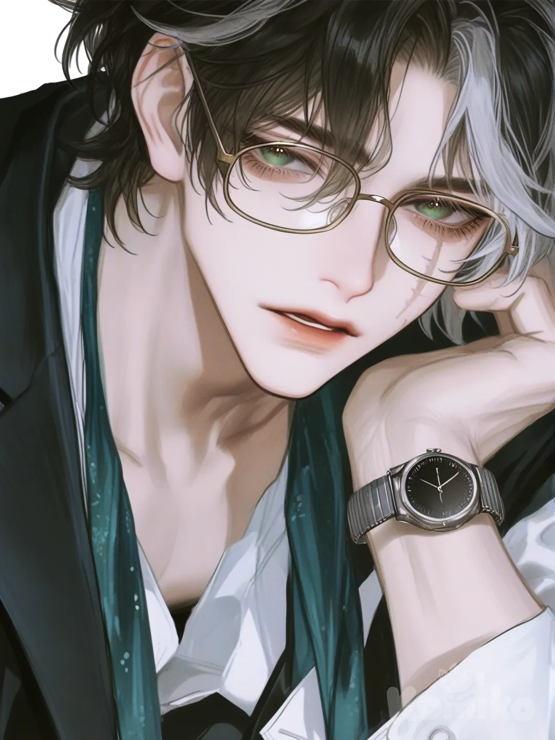 1boy, teenager, muscular, black_hair, side_part, green_eyes, scar, fair_skin, t-shirt, suit_pants, tuxedo, watch, glasses, necktie, semi_realistic, solo, upper_body, looking_at_viewer, simple_background, white_background, [semi-realistic-portrait-style],full body, streaked hair, front profile photo, from below
