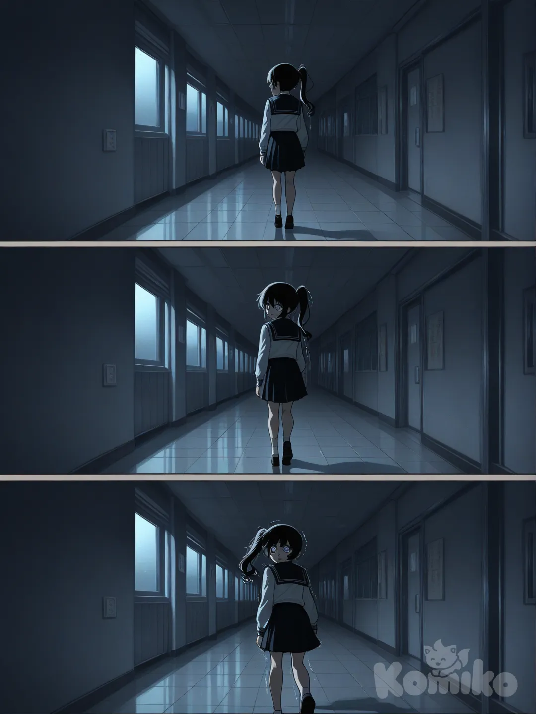 Create a one-page vertical web comic in anime semi-realistic style.

Art Style:
Soft yet dark anime illustration, clean line art, cinematic lighting, subtle grain texture.
Color palette dominated by cold blue and gray tones.
Strong contrast between light and shadow.
Focus on emotional facial expressions and atmospheric backgrounds.

Story (1 Page):
The page opens with a quiet school hallway at night, lights flickering, completely empty.
A lone student walks slowly, footsteps echoing in silence.

Second panel: close-up of the student’s eyes, slightly trembling, sensing something wrong.

Third panel: a wide shot from behind — at the end of the hallway, a vague shadow stands still.
It is unclear whether it is a person or something else.

Fourth panel: the student turns around quickly.
The hallway is empty again.

Final panel (large):
The student looks down at the floor.
Behind the reflection on the shiny tiles, the shadow is standing right behind them.

No dialogue.
Use visual storytelling only.
Create strong tension and a chilling final moment.

High resolution, optimized for vertical scrolling.