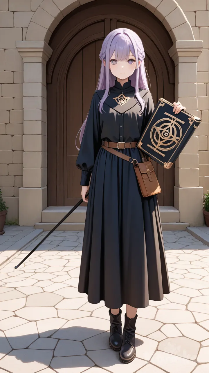 This wild magical girl has wide slate-gray eyes and neck-length, wavy, fine, violet hair worn in an impractacal style. She has an amazonian build. She has demon powers that are activated by rituals. Her attractive, semi-transparent outfit is orange and black and it seems designed to produce a feeling of evil and menace.

full body, medieval background, daytime, outdoors