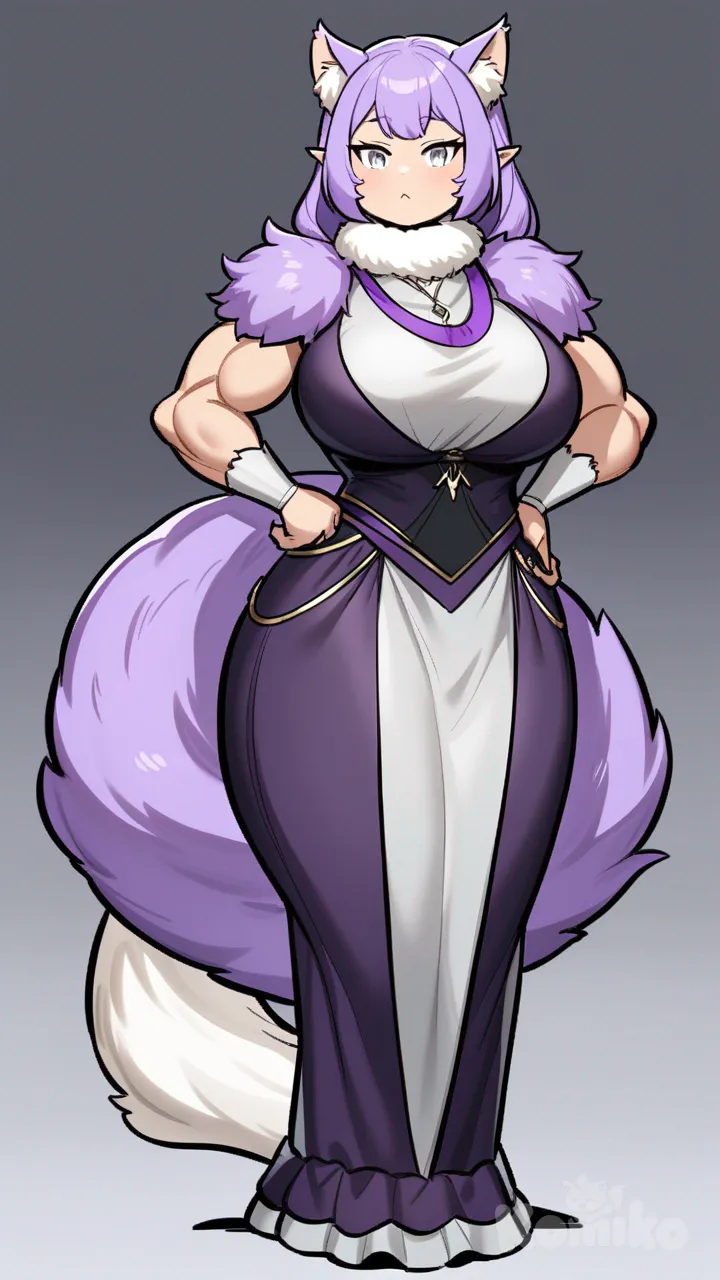 This bubbly catgirl has narrow, gray eyes. She has neck-length, fine, straight, purple hair worn in an elegant style. Her fur is purple with white stripes on her face. She has a muscular figure. Her ears are alert and wide-set, and her tail is short, thick and carried with a curve. Her fashion preferences are best described as "goth." Social events are among her favorite things.

house, bedroom, gaming laptops, day, fancy decor