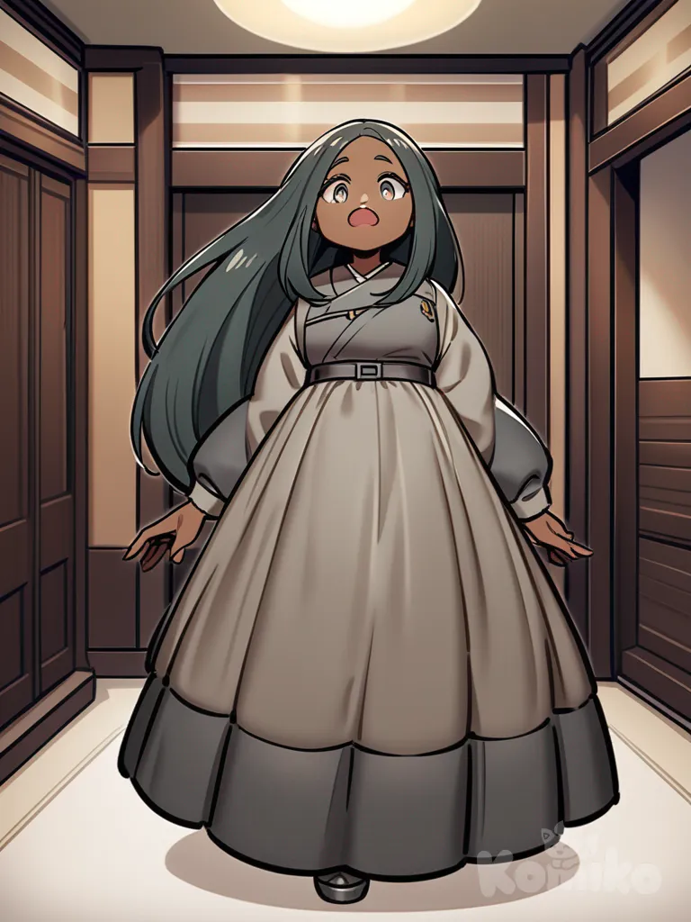 This laid-back lady has almond-shaped gunmetal-gray eyes. Her thick, straight, neck-length hair is the color of chestnuts, and is worn in a precise, utilitarian style. She has a feminine build. She is a dark-skinned female. She has a large mouth and large hands. Her wardrobe is severe.

indoors, full body, medieval