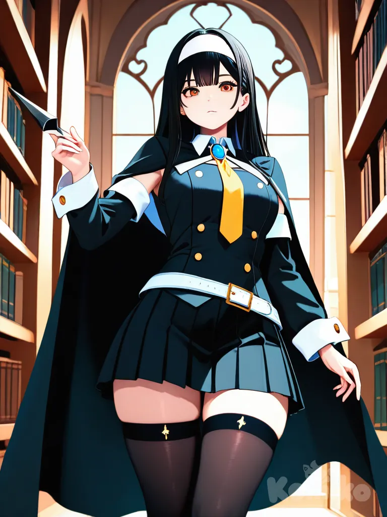pmmmrizhawkwood, rizmgc, black tunic, black detached sleeves, black cape, yellow tie, white brooch, white wrist cuffs, black pleated skirt, kunai, black thighhighs, library, day, bookshelf