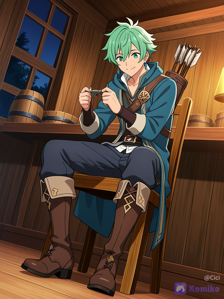 [bold-anime-screencap-style], 1boy ten years old repairing bow, sitting on a chair, smile, long coat, slim-fit pants, earrings, quiver, boots, green hair, green eyes, full body, night, tavern, high fantasy.