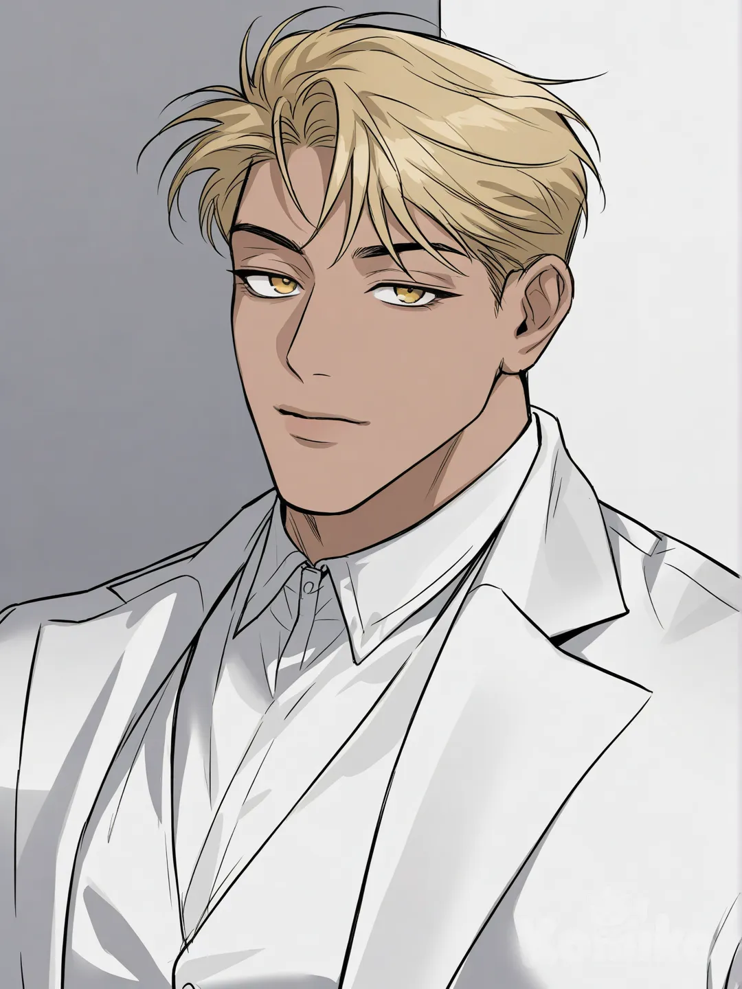 47 years old (looks late 20s)

Features: Wide face, prominent cheekbones with a narrow forehead and jaw, dark skin, dark yellow eyes, blonde curtain bangs with brown edges, muscular body, 7 ft tall

Clothes: business casual attire, white polo shirt,white suit,white dress pants, red bow tie, Rolex, military boots, gothic, painterly, [muscular-manhwa-style]