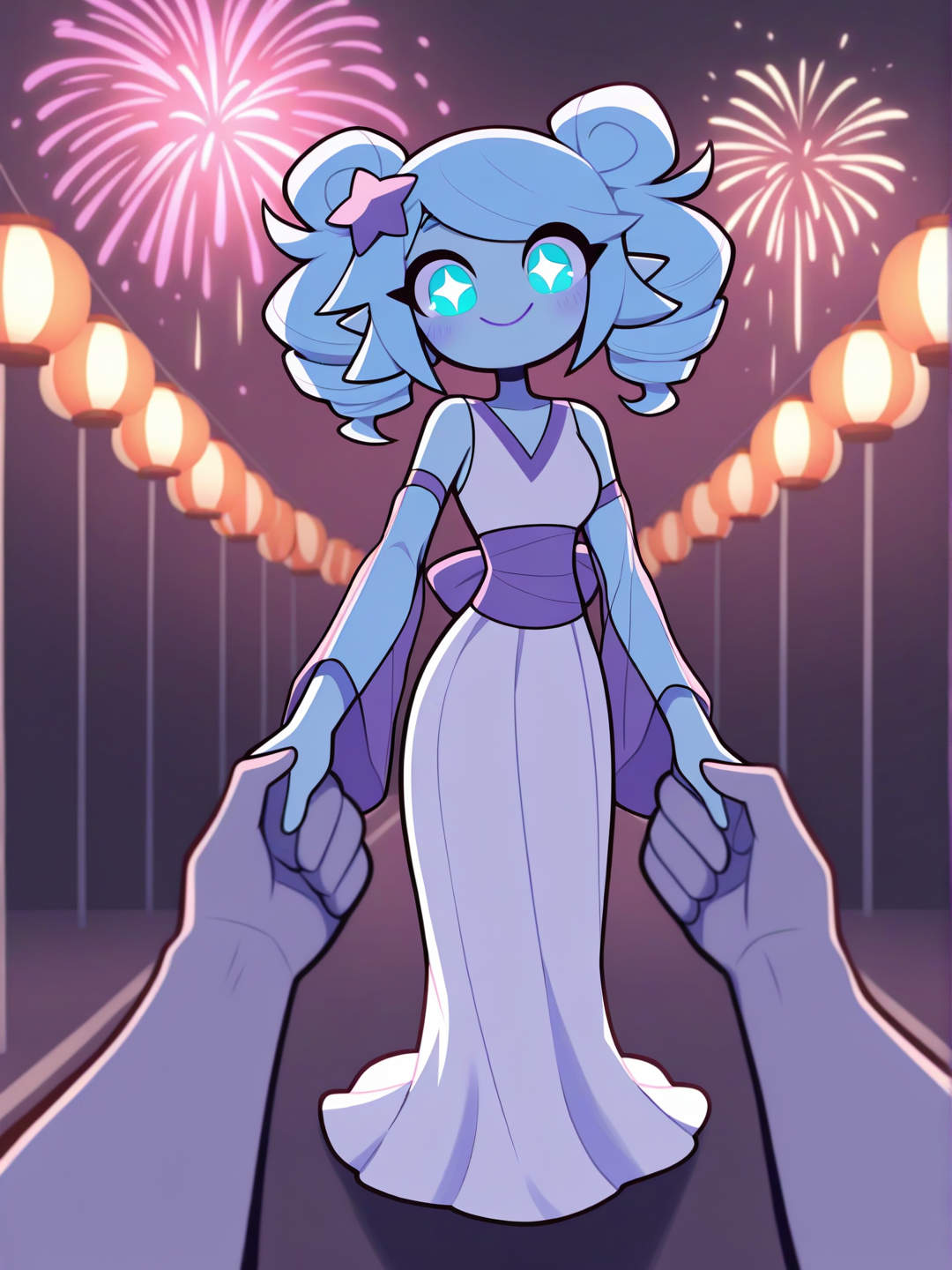 @gwen-kkI1 vestido tradicional ruos, cara bonita, expresion de felicidad, en un festival de verano de fondo, ella te mira con unos ojos brillantes mientras toma tu mano, vista en primera persona, pov, [pop-toon-style]