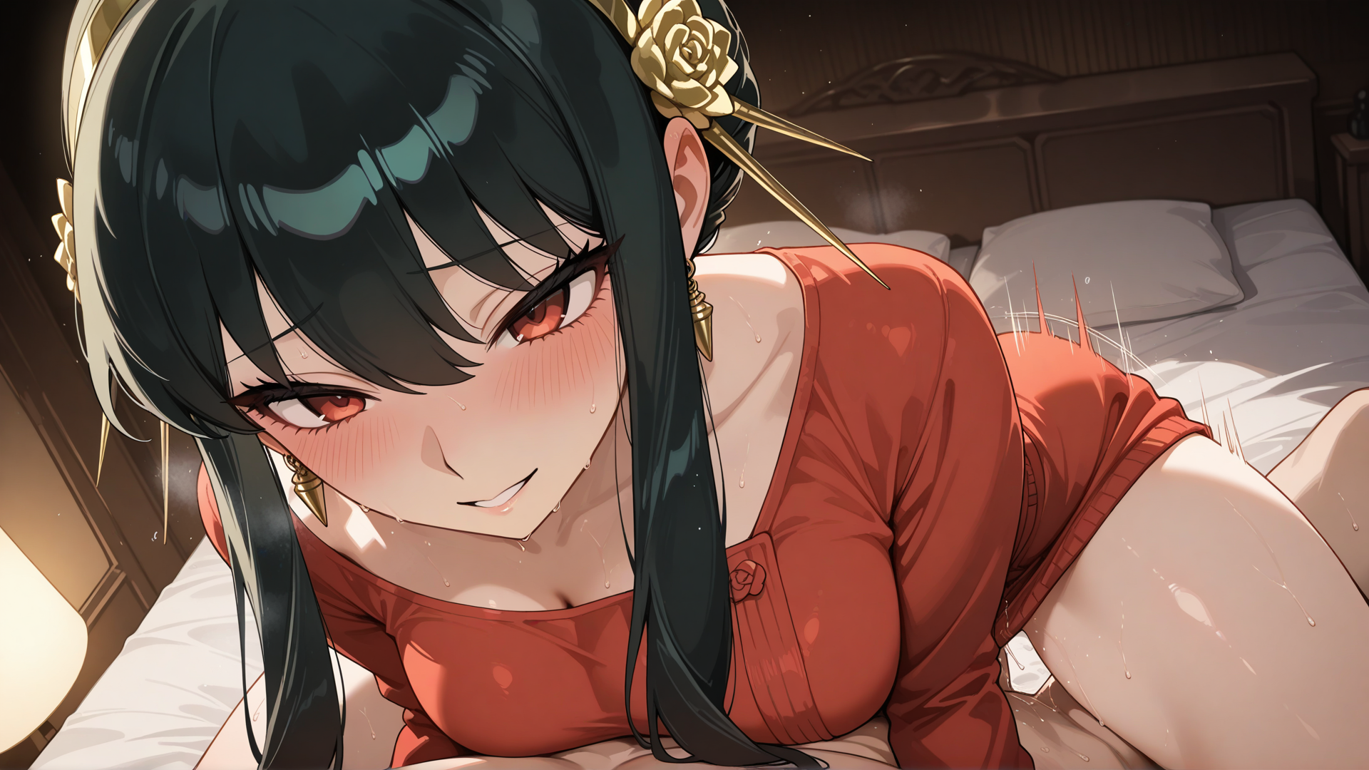 @Yor_Briar in a steamy, intimate bedroom scene with dim lighting and soft shadows, her elegant lower body prominently featured in a close-up shot as she straddles in a cowgirl position atop a mysterious partner, implying passionate sex through subtle, rhythmic movements and glistening suggestive fluids trailing down her smooth thighs and curvaceous hips, her dress hiding the implied penetration, capturing a sexually suggestive pose that highlights her luxurious curves, toned legs, and seductive allure with beads of sweat enhancing the erotic tension.