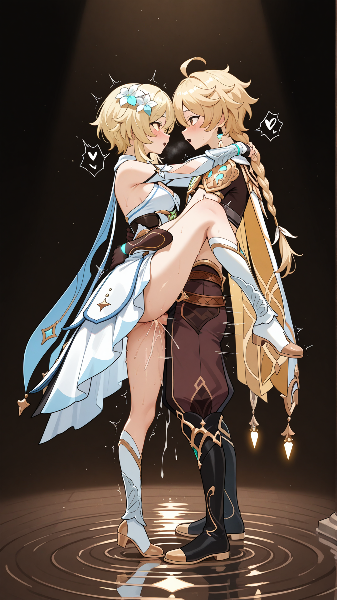 A full-body wide shot of Aether and Lumine from Genshin Impact locked in intense, clothed standing sex, their lithe bodies pressed tightly together in deep vaginal penetration hidden from the viewer as they face each other intimately in a passionate embrace, expressions brimming with raw desire and unwavering eye contact that surges with every powerful, rhythmic thrust. The dynamic scene vividly captures their fluid movements, the subtle strains and ripples in their elegant fabrics, and the crackling electric tension between the siblings, all enveloped in a dimly lit, ethereal realm with faint glowing mists.