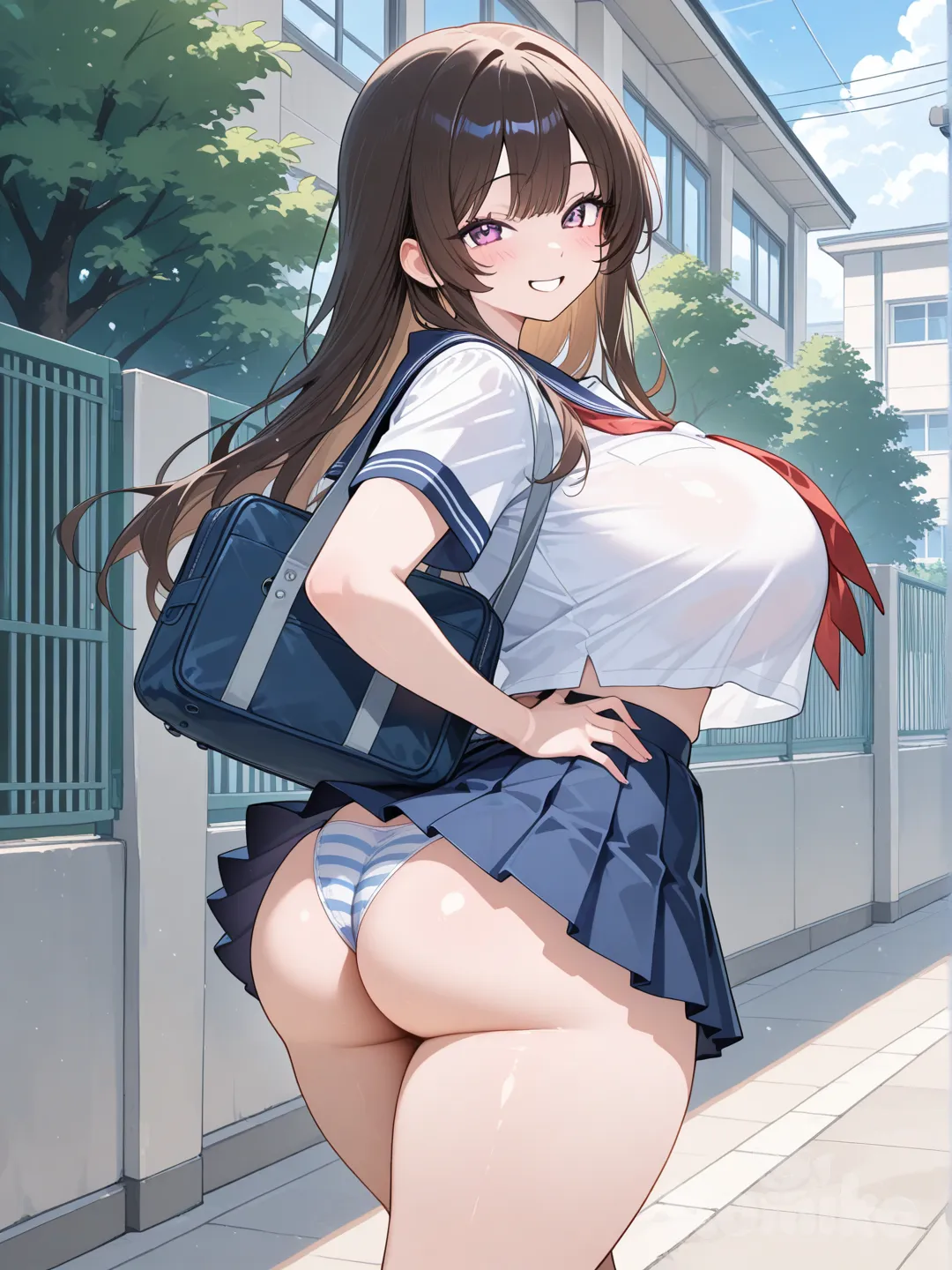 sexy schoolgirl, sexy school uniform, huge breasts, thick thighs, skirt swaying, huge ass, blue and white striped panties, midriff, thin waist, holding school briefcase, walking, outside school, playful smile, hand on own hip