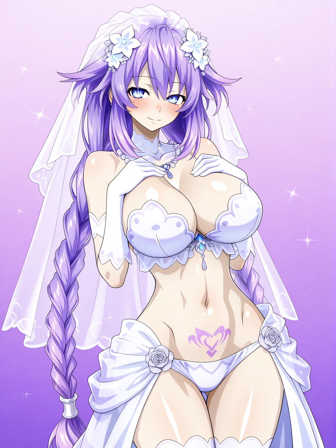 by nel-zel formula, purple heart (goddesses' promise) (neptunia), bride, happy, solo, huge breasts, very thin waist, very wide hips, huge ass visible through thick thighs, seductive smile, midriff, midriff focus, midriff worship, eye contact with viewer, sexually suggestive, womb tattoo