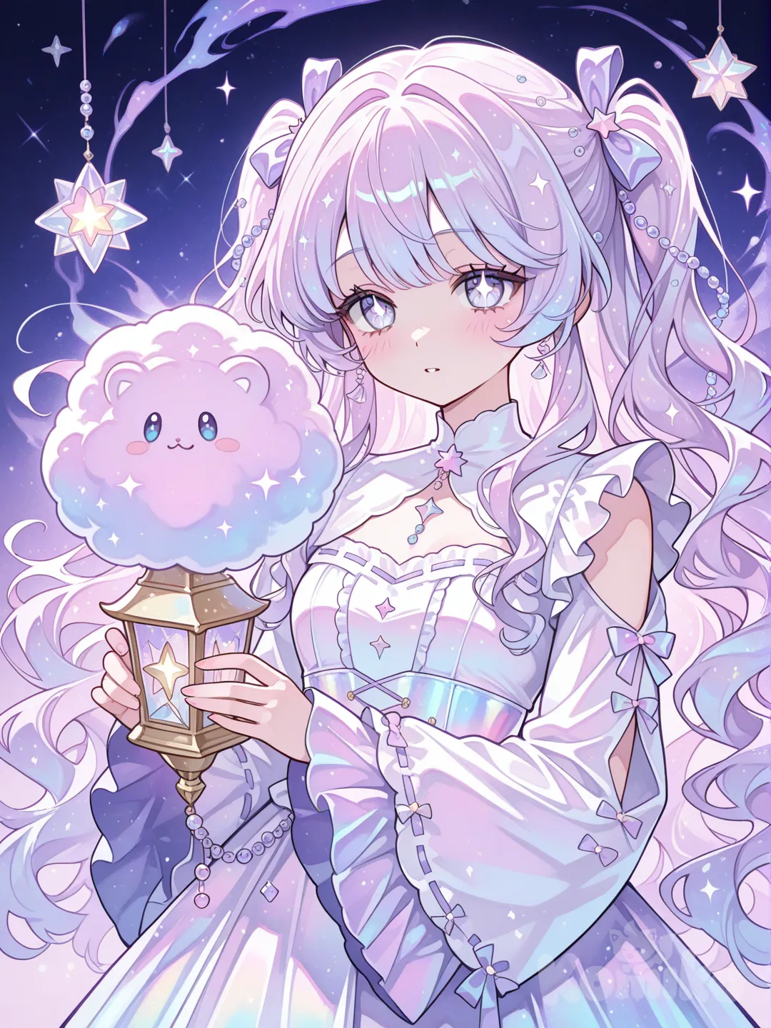 Appearance:
• Cotton-candy lilac hair in soft waves
• Pale iridescent eyes that shimmer like galaxies
• Flowing pastel ribbon sleeves and glass beads
• Carries a floating star-shaped lantern
• Soft glow behind her when she uses abilities