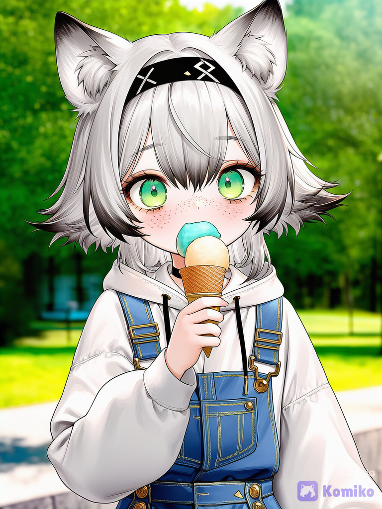 @nayomi-NgUP, eating, ice cream, holding ice cream cone, park, outdoors, morning glory