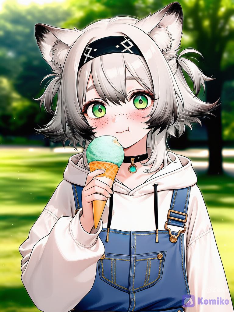 @nayomi-NgUP, eating, ice cream, holding ice cream cone, park, outdoors, morning glory