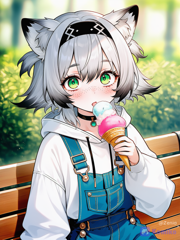 @nayomi-NgUP, eating, ice cream, holding ice cream cone, park, outdoors, morning glory