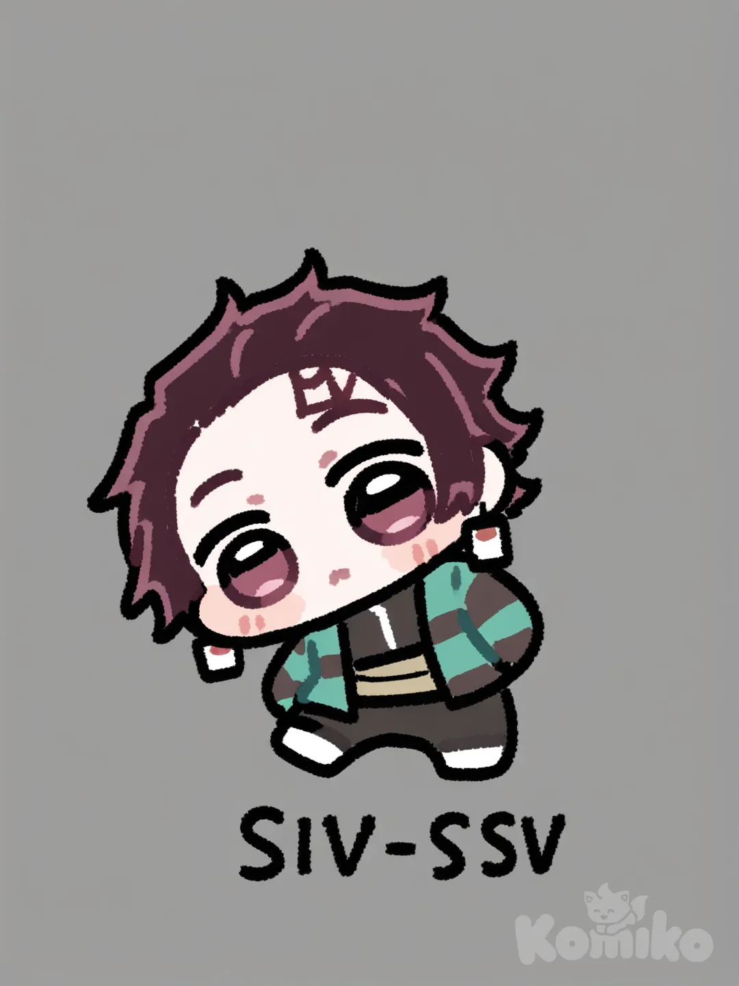 Kamado Tanjirou, [blocky-faced-chibi-style], head tilt, full body