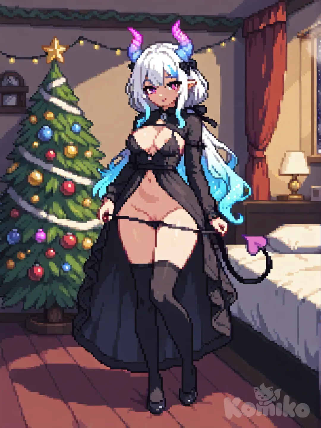 nsfw, loli, gótica, averague tits, con cola de sucubo, que se vea el cuerpo completo y de frente, con ropa navideña gotica sexy transparente en las tetas y bajandose las bragas mostrando todo mientras esta de pie en una pose sexy y provocativa, frente a una cama con fondo de estilo navideño. wavy hair in a low ponytail at the nape of her neck. Her hair has a glowing pastel gradient—white at the roots fading into cyan, blue, lavender, and magenta at the ends. The strands are slightly translucent with tiny sparkles drifting inside them, giving her hair the look of a flowing comet tail made of light. A soft, glowing ribbon ties the ponytail, and the hair moves like liquid starlight when she walks or fights., [soft-pixel-art-style]
