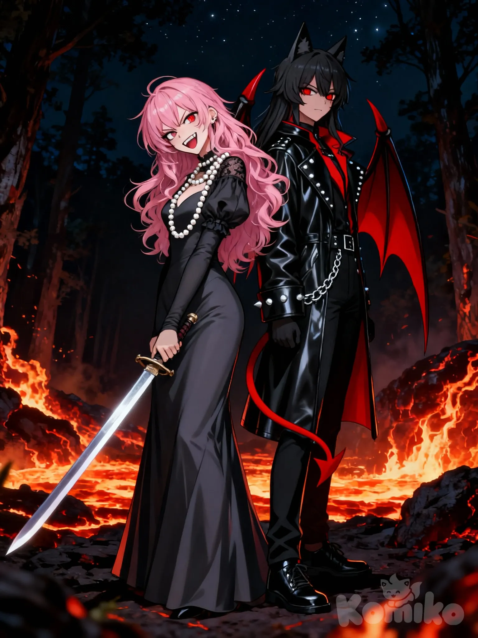 anger, smirk, <lisa-rose-riyo-holmes-l7nn>, evening gown, pearls, charcoal black, depth of field, cinematic lighting, forest, anime colors, tilted head, anime style, back to back, @the-emperor-YxSh , lava war background, night, holding sword, evil smile.