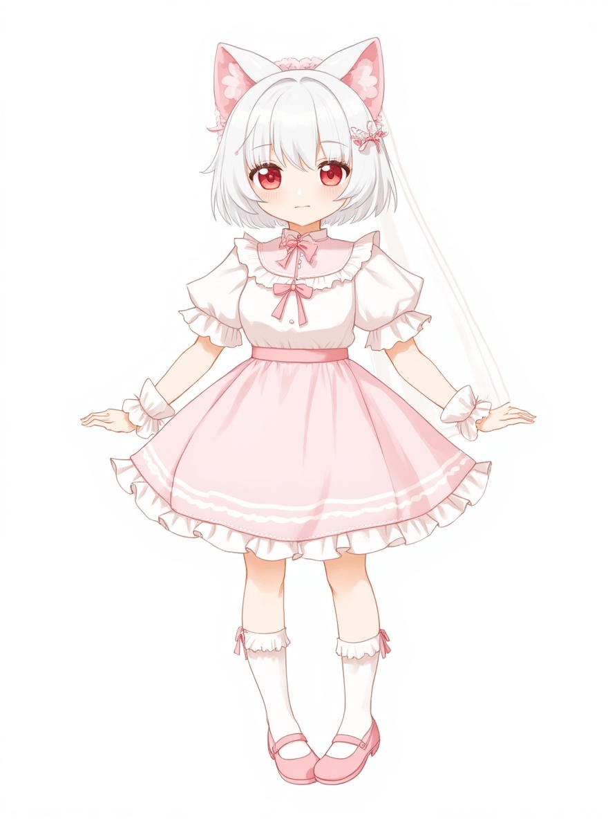 1girl, child, petite, short, white hair, red eyes, fair skin, cat ears, wedding veil, single character, full body, looking at viewer, anime style, simple background, white background