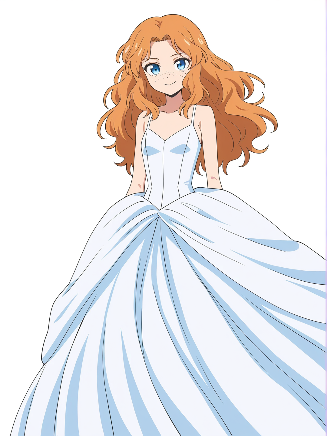 [bright-anime-style]1girl, solo, long_hair, wavy_hair, blue_eyes, gown, smile, slim, freckles, radiant_skin, single_character, full_body, looking_at_viewer, anime_style, simple_background, white_background