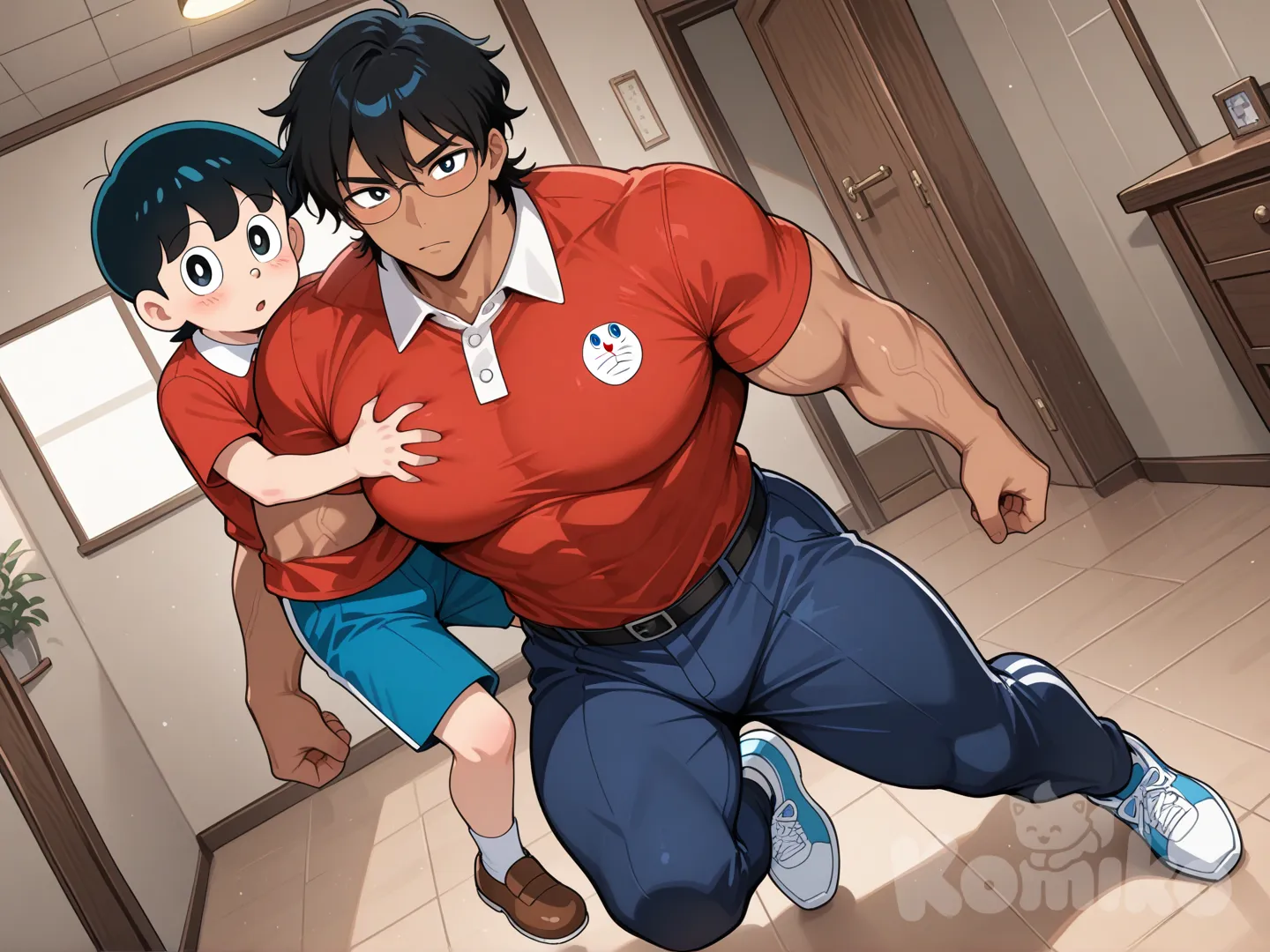 18+,TWO characters, (2 people: 1.2)full body,(1)Nobita Nobi(野比 のび太, Nobi Nobita)s the co-protagonist of the series. He wears glasses, a red or yellow polo shirt with a white collar, and blue or black shorts and white socks and light blue shoes. Although he's not good at sports, he's good at shooting and has been reflected in the movies many time. He's also good at string figure which is sometimes considered a girl's game. Son of Tamako and Nobisuke Nobi. Future father of Nobisuke (his son). Future husband or boyfriend of Shizuka and great-great-grandfather of Sewashi. From Doraemon;(2)Takeshi Goda (剛田 武, Gōda Takeshi) large, muscular boy with black hair, tan skin, and a perpetually tough expression, usually wearing an orange shirt (sometimes with a red stripe) and brown or blue pants,Gian had small eyes and wore a red T shirt with navy blue trousers and brown shoes. From Doraemon,Nobita Nobi Super-large breasts (L-cup).Takeshi Goda 
pinches Nobita Nobi's(野比 のび太, Nobi Nobita) breasts.Takeshi Goda(剛田 武, Gōda Takeshi) pinches Nobita Nobi's(野比 のび太, Nobi Nobita) breasts from behind., full body