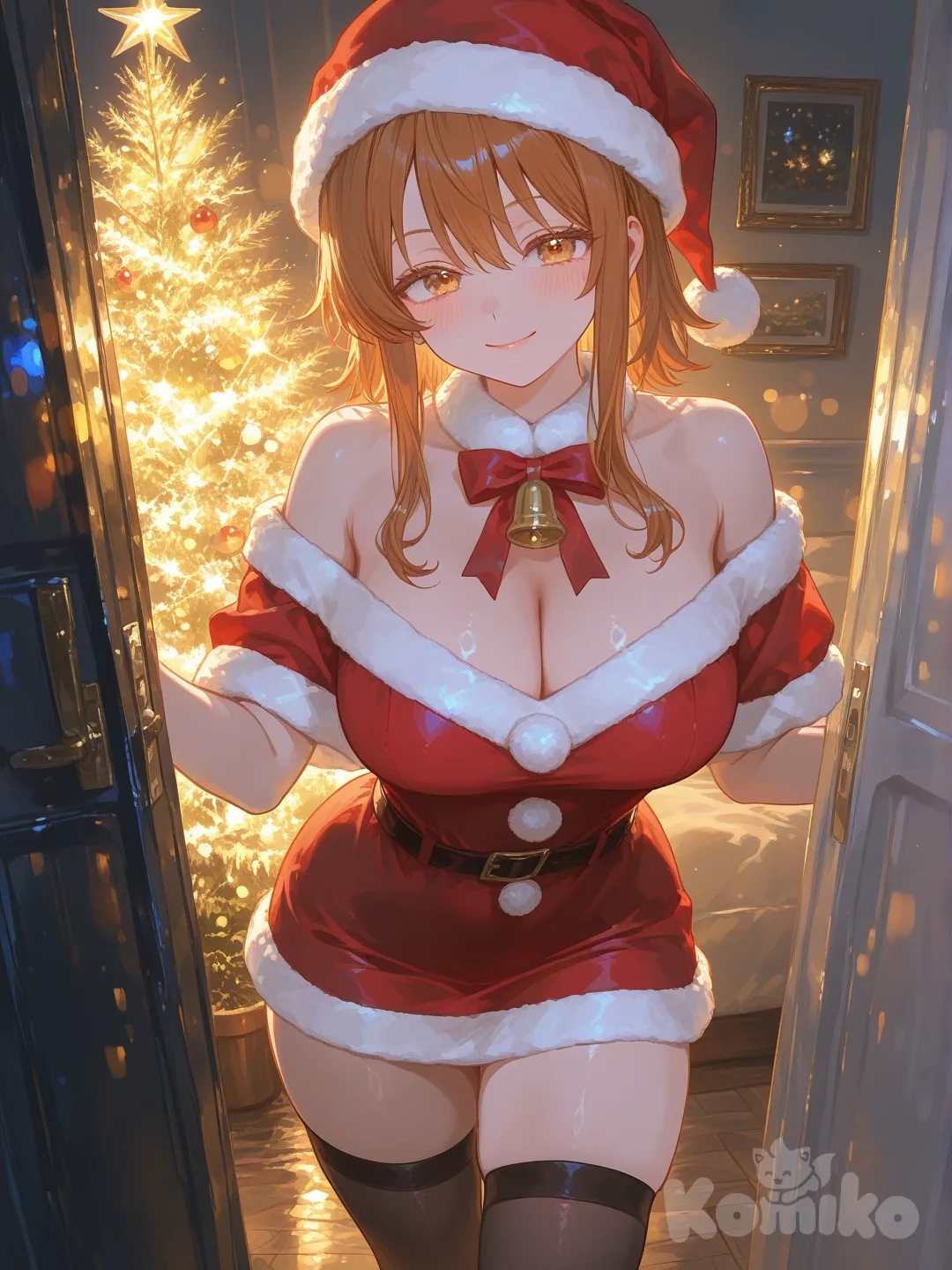 [sensual-glossy-style] Nami steht mit kurzen Weihnachtsklamotten vor dem Weihnachtsbaum
