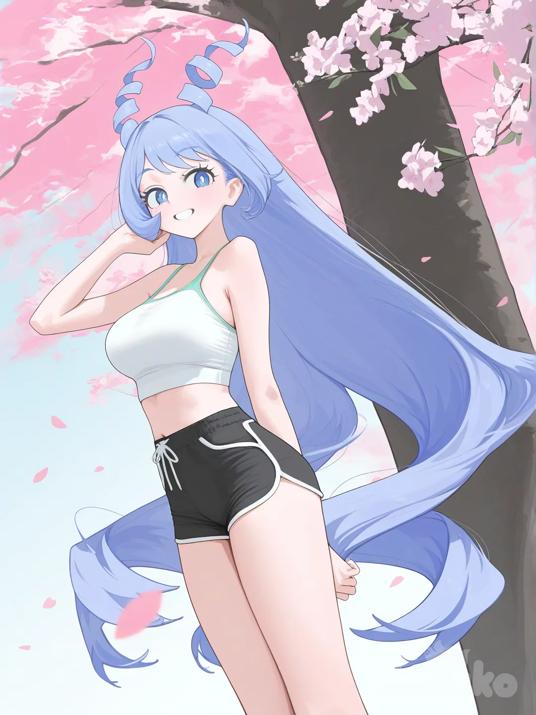 [vibrant-anime-style] , @Hadou_Nejire, Kirschblütenbäume, kurze sommerliche Klamotten, breites Lächeln