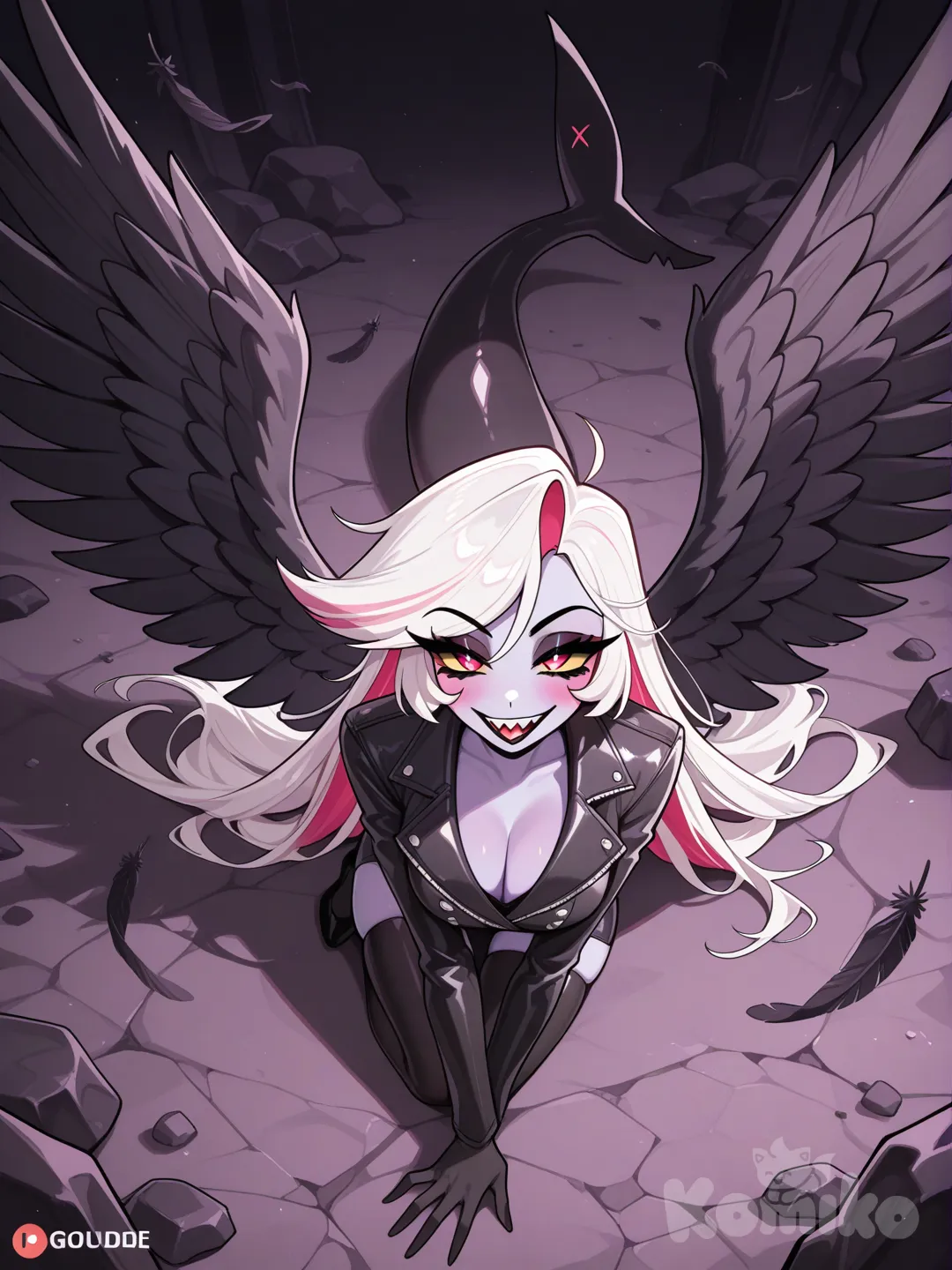 hazbin hotel, female,fallen angel, shark tail, long white hair, golde eyes, feathered wings, light purple skin, black wings, rock star style, leather jacket