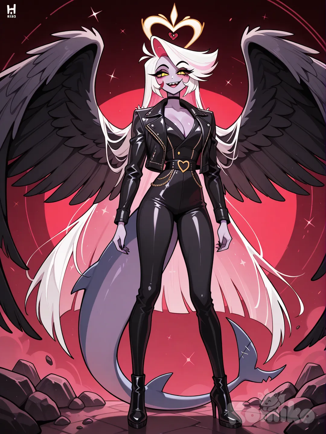 hazbin hotel, female, shark tail, long white hair, golden eyes, feathered wings, light purple skin, black wings, rock star style, leather jacket, gold 
halo