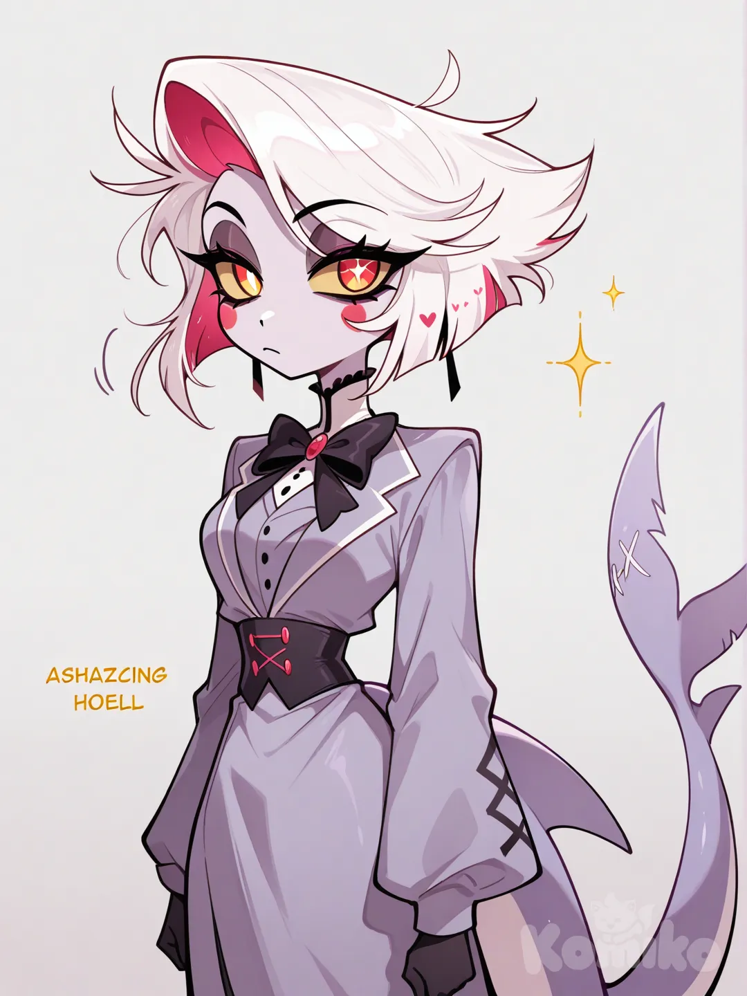 #hazbin hotel , White hair, shark tail, light purple skin, golden color eyes