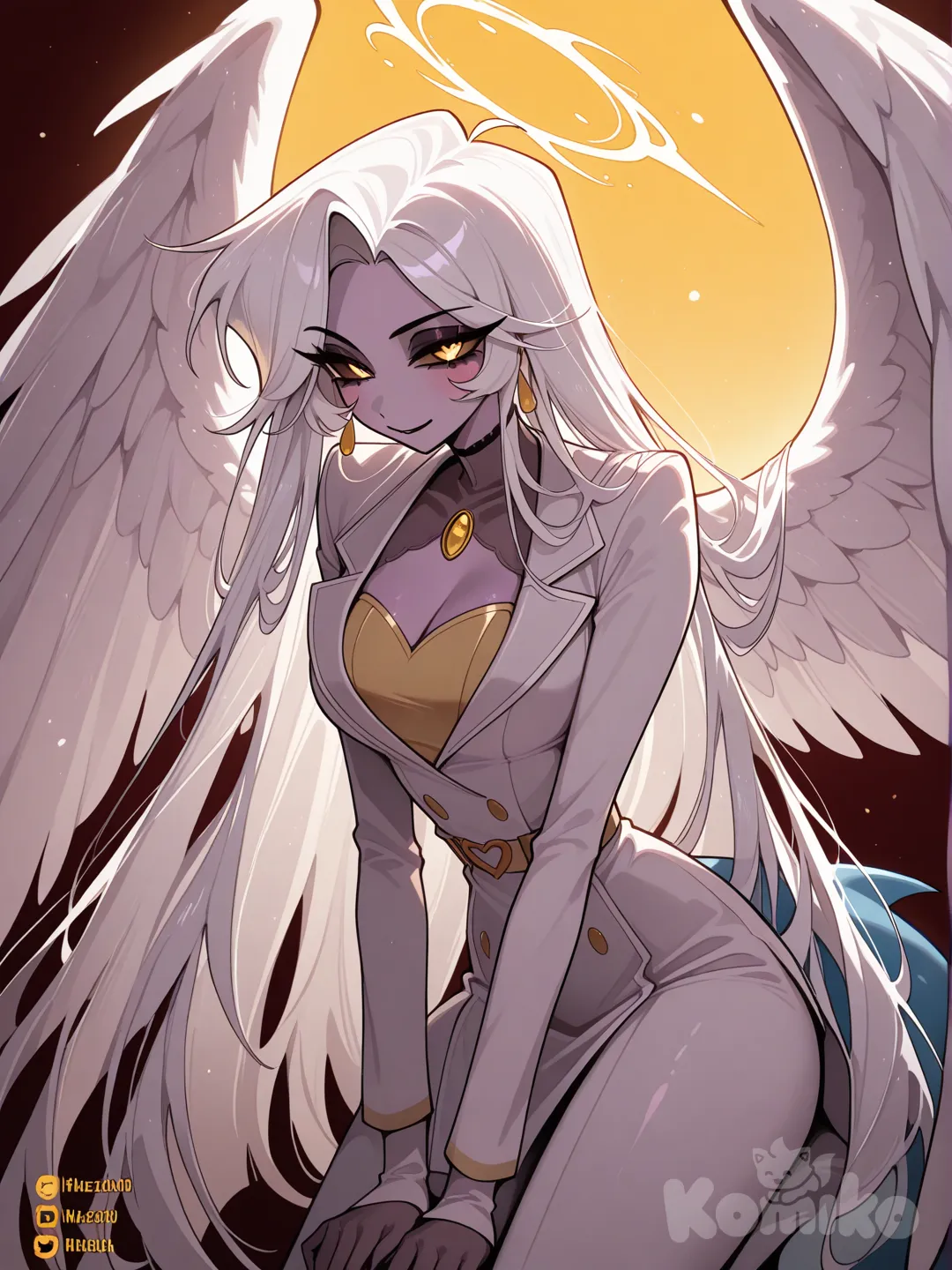 #hazbin hotel , completely White hair, shark tail, light purple skin, golden color eyes, angel wings, long hair