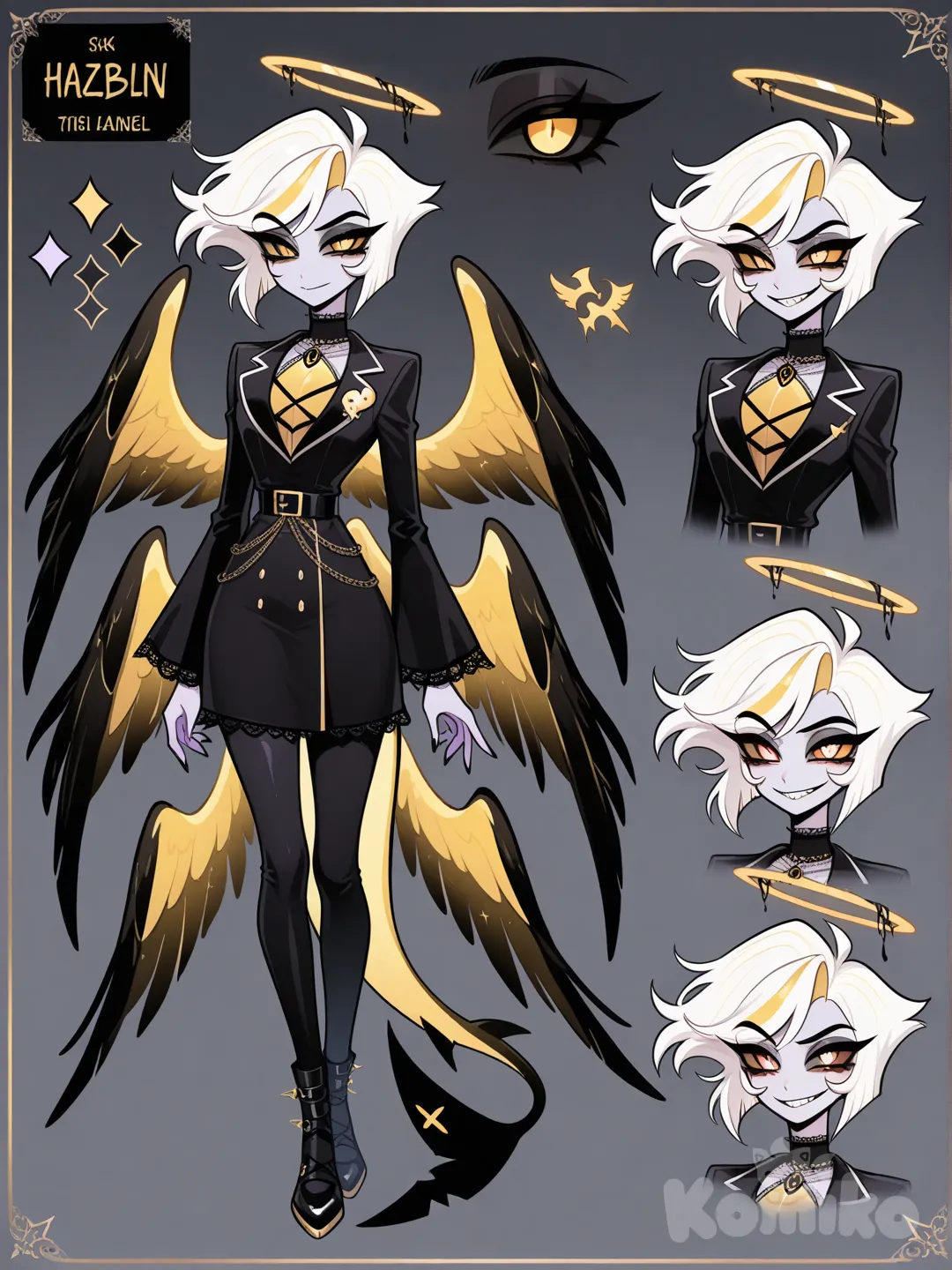 #hazbin hotel , completely long White hair, shark tail, light purple skin, golden color eyes, fallen angel,halo, goth fashion, multiple wings, character reference sheet