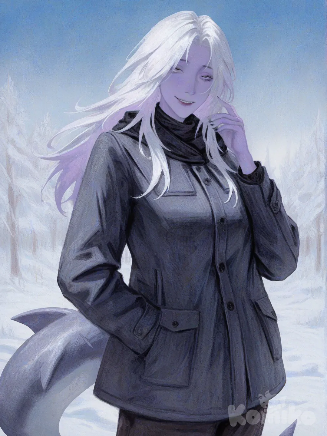 Long hair,white hair, shark tail, light purple skin, winter clothes, female, smile,adult, [gothic-oil-painting-style]