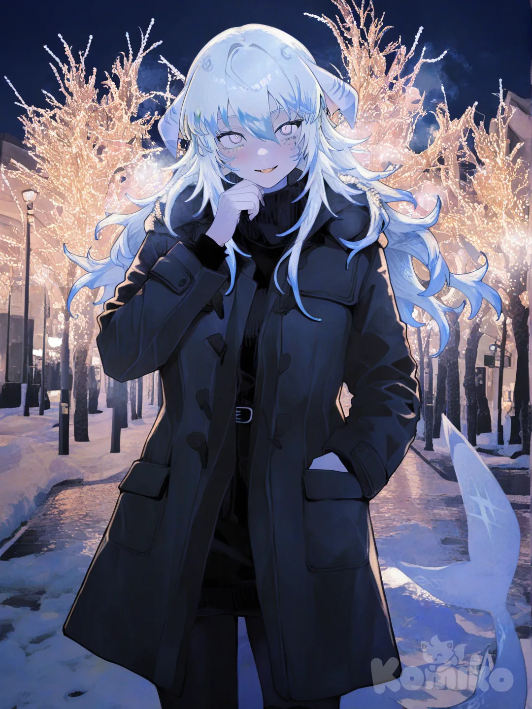 Long hair,white hair, shark tail, light purple skin, winter clothes, female, smile,adult,webbed ears, [watercolor-illustration-style]