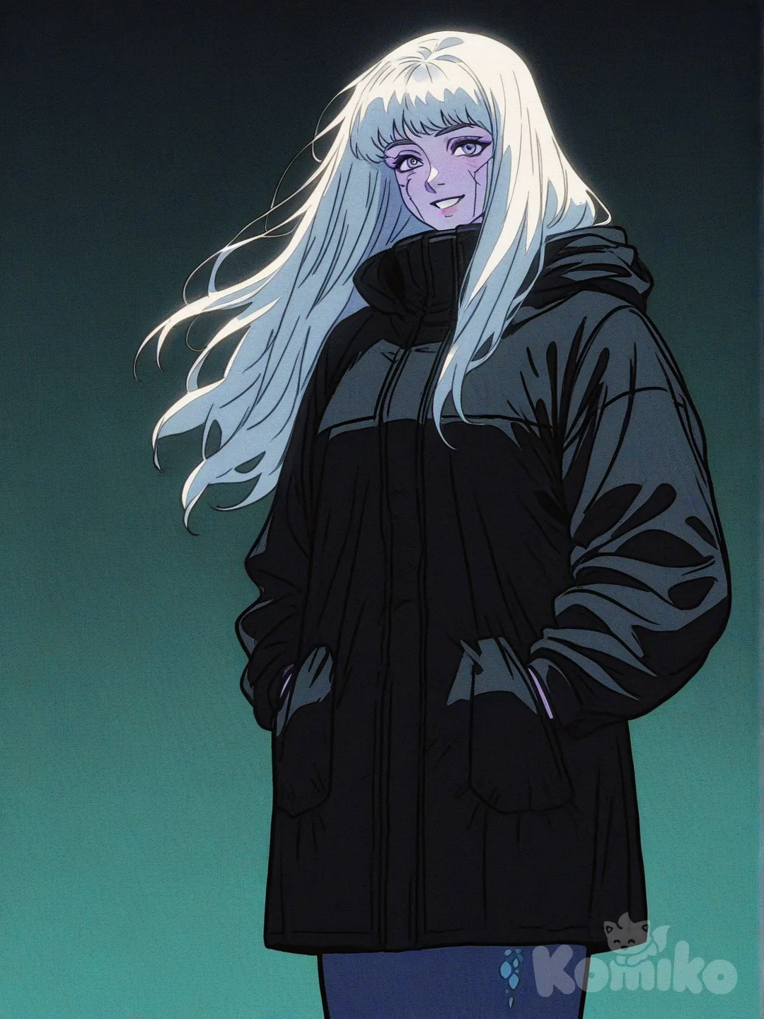 Long hair,white hair, shark tail, light purple skin, winter clothes, female, smile,adult, mermaid ears, [action-manga-style]