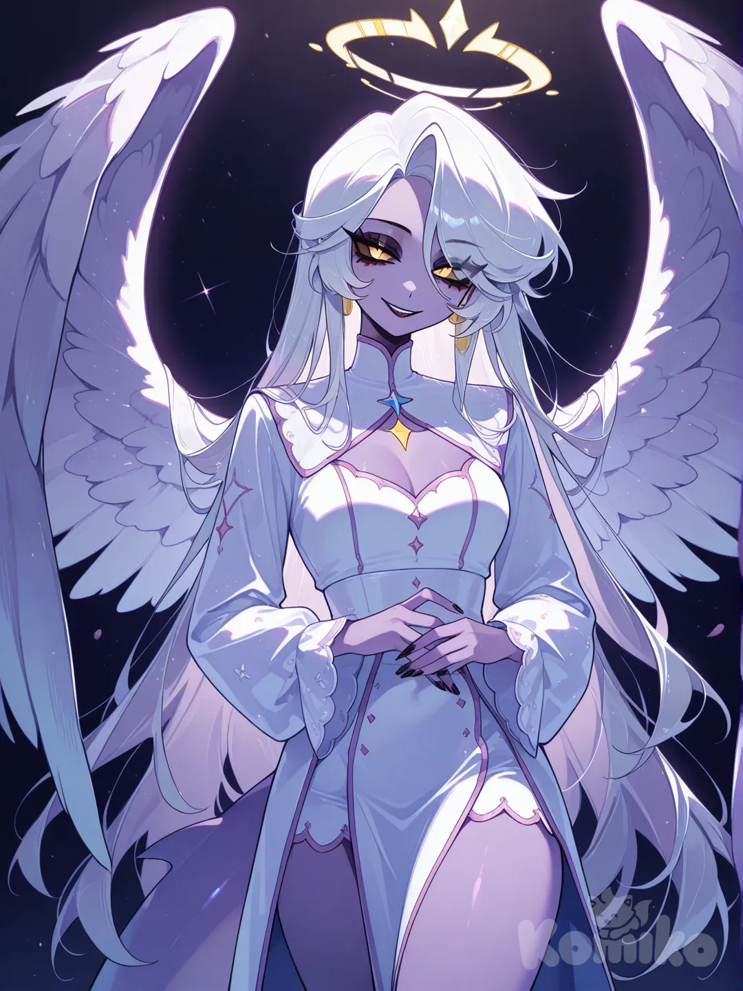 hazbin hotel, feathered wings, female, white hair, yellow eyes, lilac skin, shark tail, arch angel, yellow halo, long hair, black and light blue
Angelic clothes