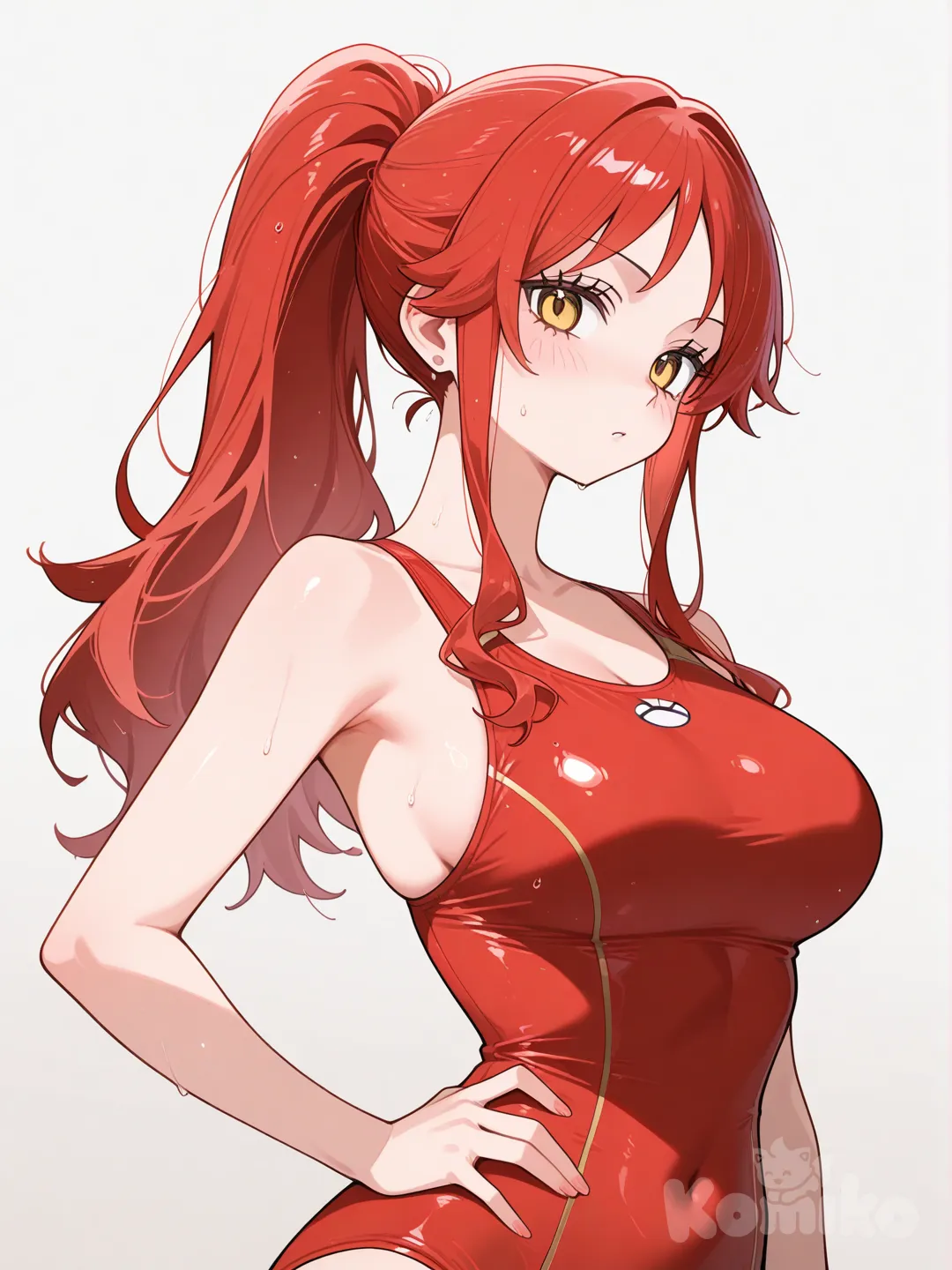 Pokmon, Groudon,female, humanization, ponytail, red hair, yellow eyes, one-piece swimsuit